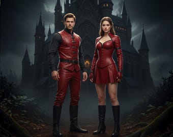 Disfraz de pareja de cuero a juego: traje de cosplay gótico para él y para ella.