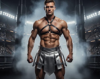 Genuine Silver Leather Gladiator Kilt with Warrior Harness.