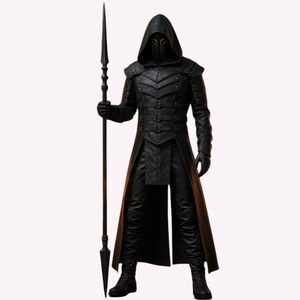 May include: A full-length image of a person in a black hooded cloak and armor, holding a spear. The outfit features intricate detailing, including a chest plate, belt, and gloves. The spear is long and slender, with a pointed tip.