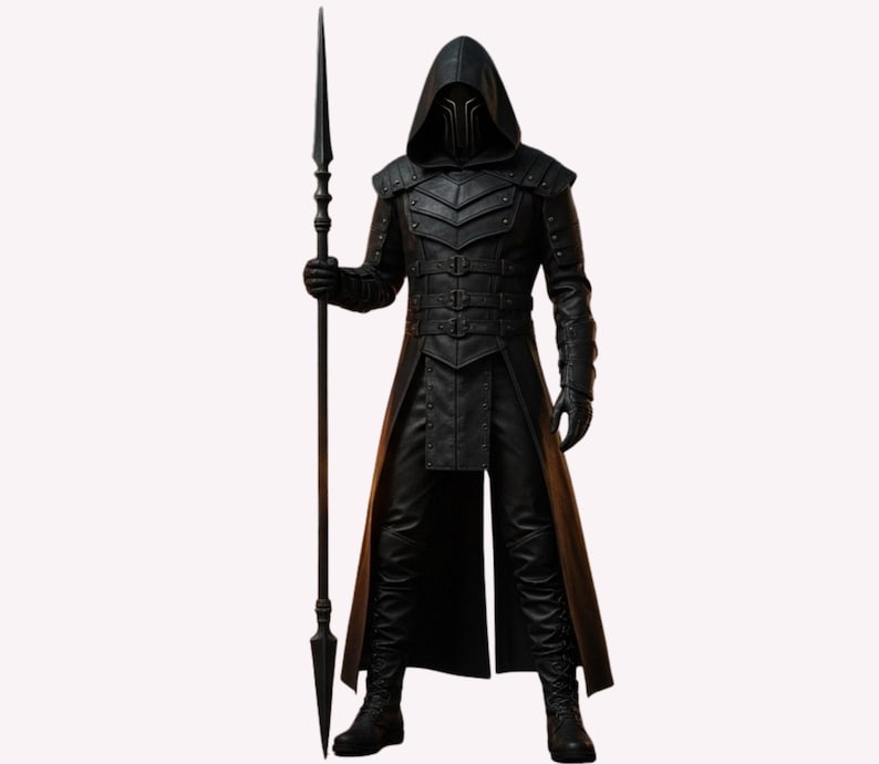 May include: A full-length image of a person in a black hooded cloak and armor, holding a spear. The outfit features intricate detailing, including a chest plate, belt, and gloves. The spear is long and slender, with a pointed tip.