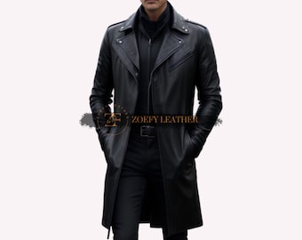 Genuine Leather Mens Long Coat: Handmade Winter Trench Coat