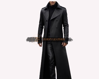 May include: A long black leather trench coat with a double breasted closure and a high collar. The coat has a belt and two pockets on the front.