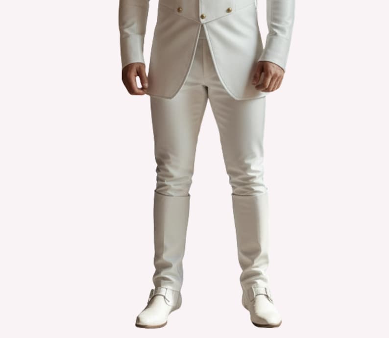 Puede incluir: Un traje blanco con una chaqueta cruzada y pantalones a juego. El conjunto incluye botas blancas con hebilla. La chaqueta tiene botones dorados. El traje est&aacute; hecho de un material liso, posiblemente similar al cuero.