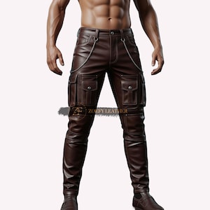 Pantalon cargo pour homme en cuir marron avec chaînes - Pantalon motard style punk gothique - Pantalon tendance en cuir véritable - Cadeau pour lui