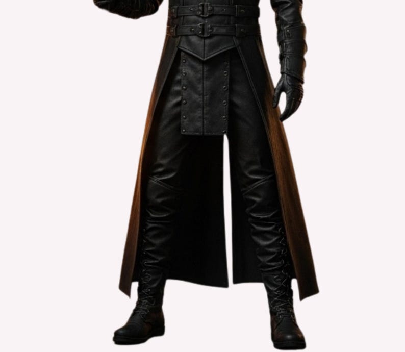 May include: A black leather outfit featuring a long coat with a belted waist and a split front, paired with matching leather pants and boots. The coat has decorative stitching and the outfit is designed with a gothic or steampunk aesthetic.