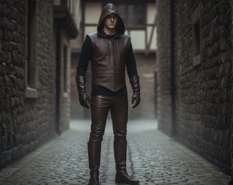 Men’s Hooded Leather Assassin Costume – Gothic Fantasy Cosplay Outfit.