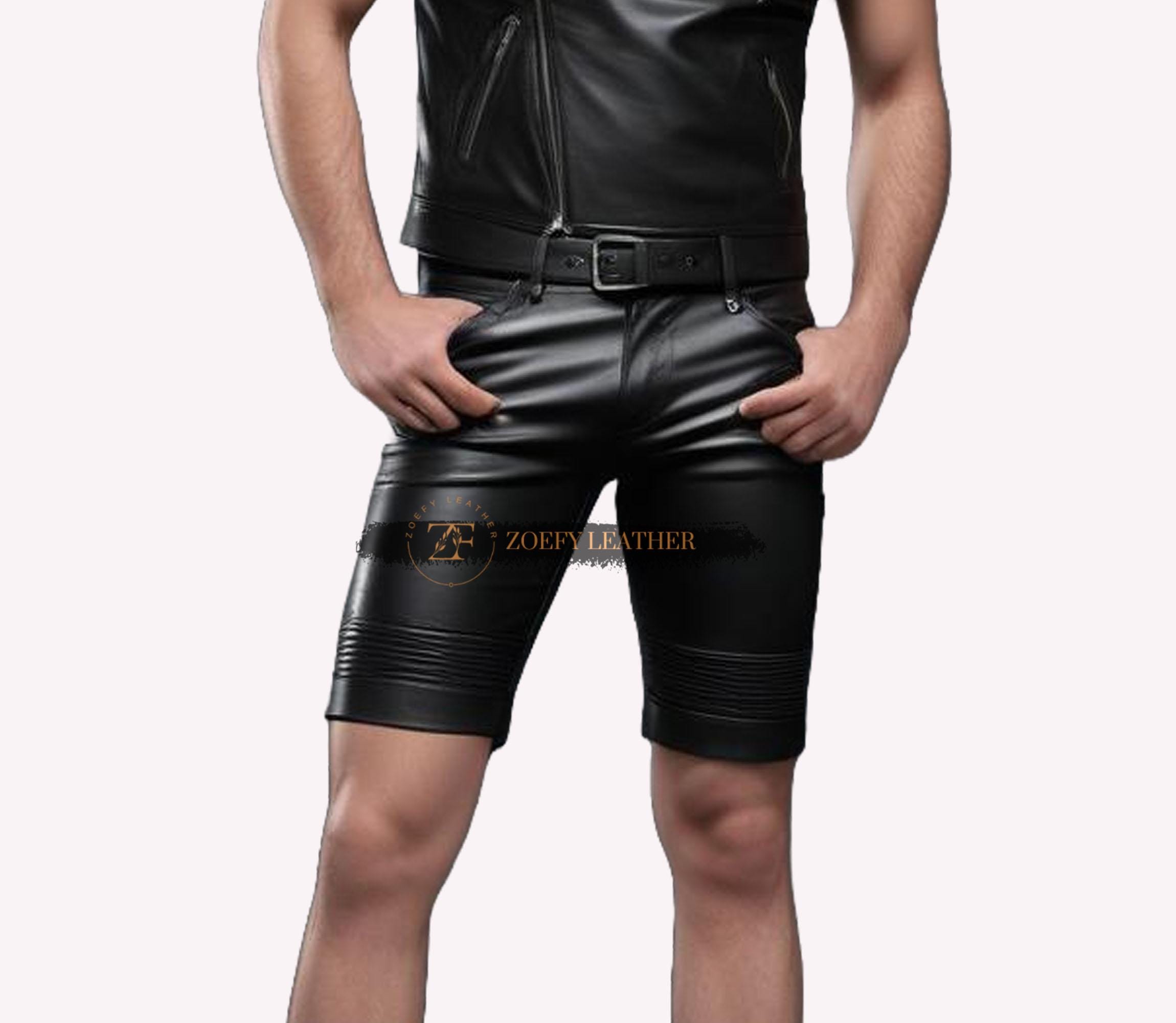 Short En Cuir Noir Homme, Lacets Latéraux – Urban Hide Couture, Slim, Motard