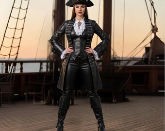 Disfraz de pirata de piel auténtica para mujer: traje de cosplay renacentista