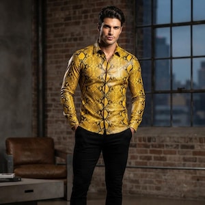 May include: A long-sleeved button-down shirt featuring a vibrant yellow and black snakeskin pattern. The shirt has a classic collar, a front button placket, and fitted cuffs. It is paired with solid black trousers to complete the ensemble.