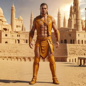 May include: A person wearing a mustard-yellow leather outfit, including a vest, skirt, and knee-high boots. The outfit has intricate detailing and is set against a backdrop of a sand-colored castle and desert landscape.