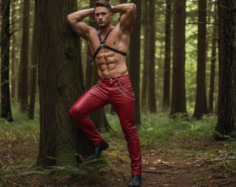 Red Genuine Leather Slim Fit Pants | Gothic Biker Trousers