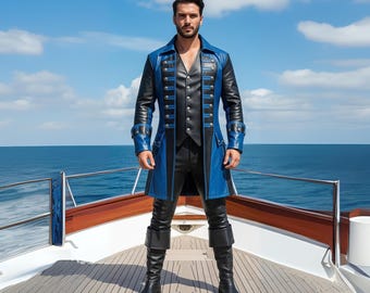 Blue & Black Leather Pirate Captain Coat | Gothic Cosplay Costume