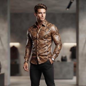 May include: A long-sleeved button-down shirt featuring a brown and black snakeskin pattern. The shirt has a classic collar, a front button placket, and fitted cuffs. It is paired with solid black trousers and a silver-toned wristwatch on the wrist.