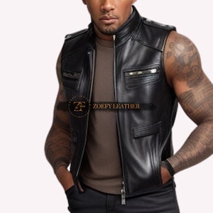 Genuine Leather Men Biker Vest,Handmade Sheep leather Vest,Black Leather Wasitcoat,Gift For him