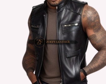 Genuine Leather Men Biker Vest,Handmade Sheep leather Vest,Black Leather Wasitcoat,Gift For him