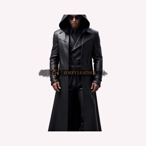 Genuine Leather Steampunk Coat,Handmade Mens Leather Coat,Leather Trench Gothic Coat ,Black Long Coat With Hood,Gift For HIm