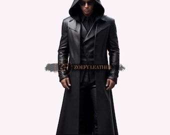 Handmade Genuine Leather Steampunk Hooded Trench Coat.