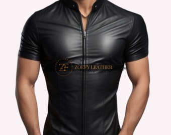 Real Sheep Leather Men's Half Sleeve Shirt: Handmade Slim Fit Biker Shirt