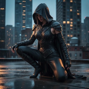May include: A person wearing a black hooded outfit with shoulder armor, gloves, and pants, crouching on a wet rooftop. The outfit has a leather-like appearance. The background features a cityscape with tall buildings and rain.