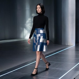 Blue Silver Patchwork Genuine Leather A-Line Skirt for Women.