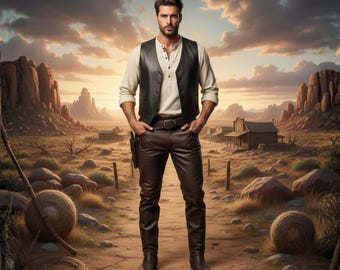 Men’s Genuine Leather Vest & Pants Western Cowboy Costume Outfit.