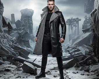 Genuine Leather Winter Overcoat: Black Buckle Strap Fur Lined High Collar.