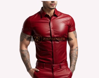 Echt schapenleer heren shirt met halve mouw, handgemaakt rood leren slimfit shirt, rood herenshirt biker, cadeau voor hem