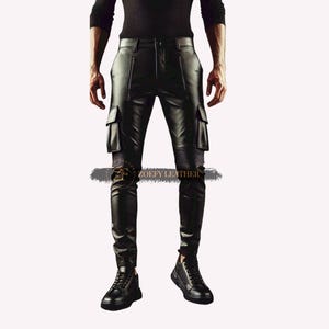 Pantalon de motard noir en cuir pour homme - Pantalon avec poches latérales fait main - Cadeau pour lui - Pantalon cargo cowboy