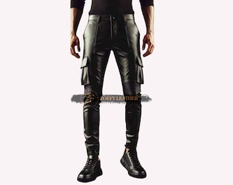 May include: Black leather cargo pants with a slim fit and zipper details. The pants have a distressed look with visible stitching and a logo patch on the leg.