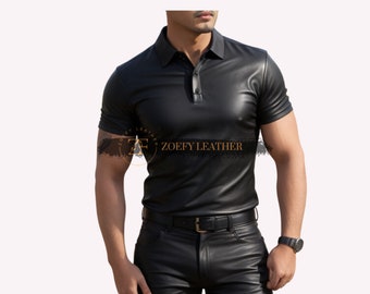 Real Sheep Leather Men's Polo Shirt: Handmade Slim Fit Black Tee