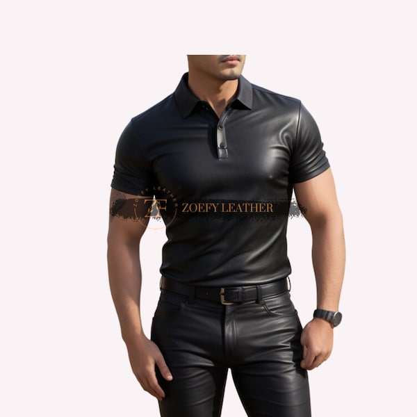 Chemise à demi-manches pour hommes en cuir de mouton véritable, chemise slim faite main, t-shirt en cuir noir, cadeau pour lui