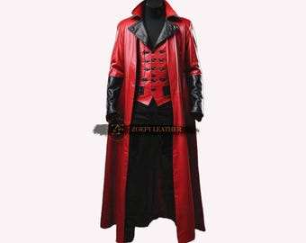 Genuine Leather Gothic Trench Coat: Red & Black Halloween Costume