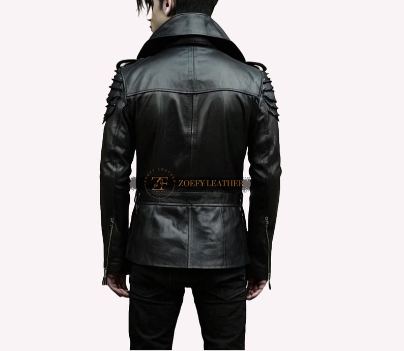 May include: Black leather jacket with a stand-up collar, zipped cuffs, and a belt at the waist. The jacket has decorative shoulder pads with studs and a zipped pocket on the left side. The text "ZOEFY LEATHER" is printed on the back of the jacket.