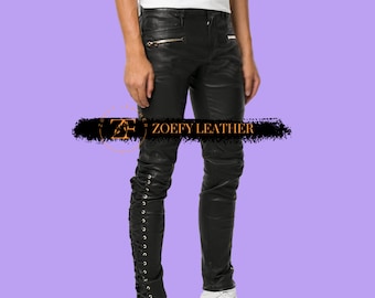 Pantalon motard noir pour homme en cuir - lacets latéraux faits main - pantalon motard - pantalon de fête - pantalon discothèque pour homme