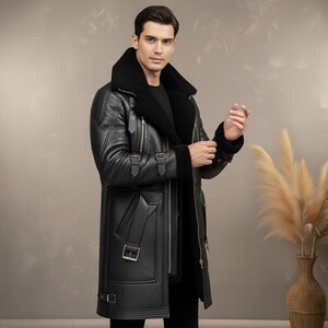 Handmade Genuine Leather Shearling Trench Coat - Winter Fur Coat image 2