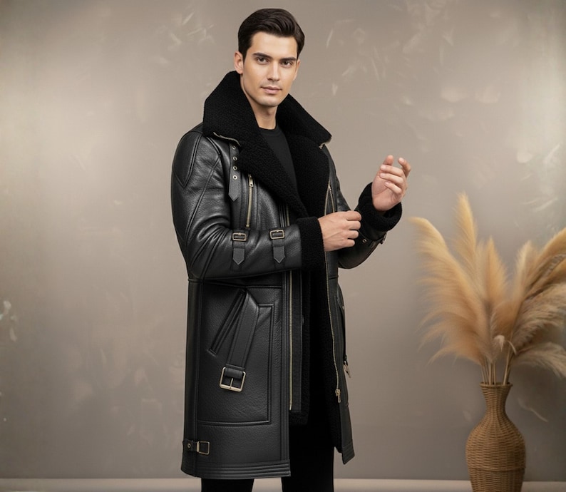 Handmade Genuine Leather Shearling Trench Coat - Winter Fur Coat image 2