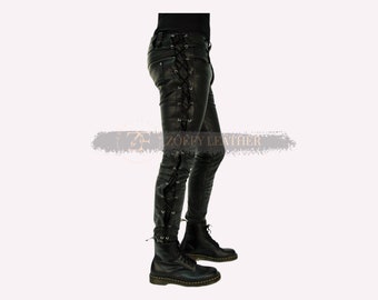 Pantalon noir lacé pour homme en cuir véritable - pantalon motard en cuir fait main - pantalon motard lacé motard racer-pantalon personnalisé, cadeau pour lui