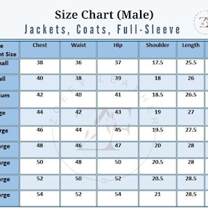May include: Size chart for jackets, coats, and full-sleeve garments in sizes X-Small to 5X-Large. The chart lists measurements in inches for chest, waist, hip, shoulder, length, and sleeve length.