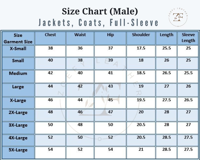 May include: Size chart for jackets, coats, and full-sleeve garments in sizes X-Small to 5X-Large. The chart lists measurements in inches for chest, waist, hip, shoulder, length, and sleeve length.