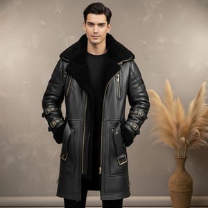 Handmade Genuine Leather Shearling Trench Coat - Winter Fur Coat image 4