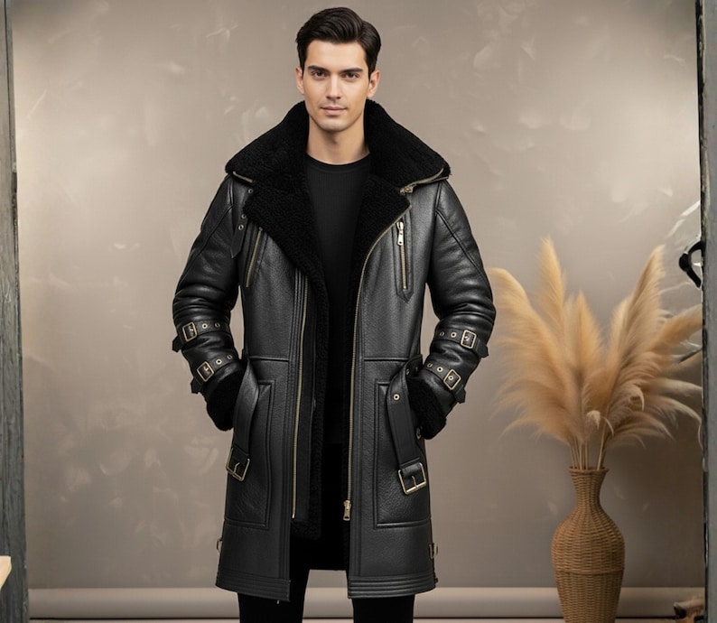 Handmade Genuine Leather Shearling Trench Coat - Winter Fur Coat image 4
