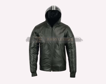 Genuine Leather  Men Black Hooded jacket -Handmade Biker Style  Jacket- Men Black Leather Hoodie Jacket-  Zipper  Jacket