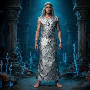 May include: A person wearing a silver costume with a scale-like skirt and diamond-patterned top, standing in an underwater setting. The costume includes arm cuffs, a belt, and a necklace. The background features coral and pillars.
