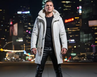 Men's White Genuine Leather Coat | Hooded Winter Outerwear