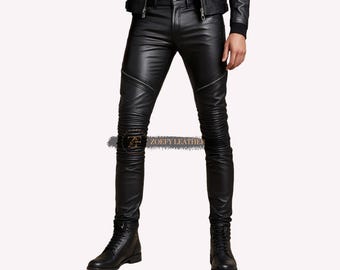 Echte leren zwarte bikerbroek - handgemaakte herenleren slim fit broek - rundleer zwarte bikerbroek - stijlvolle vrijetijdsbroek - cadeau voor hem