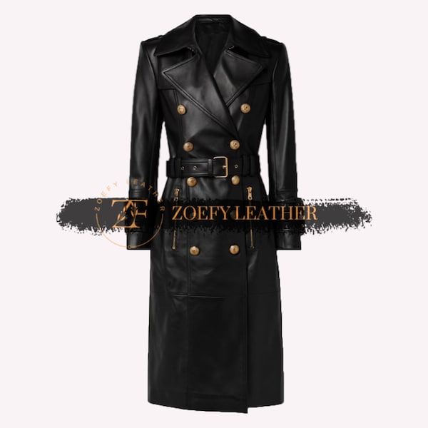 Trench-coat noir en cuir véritable pour femme - Trench-coat pour femme fait main - Trench-coat ceinturé à la taille - Manteau long pour femme