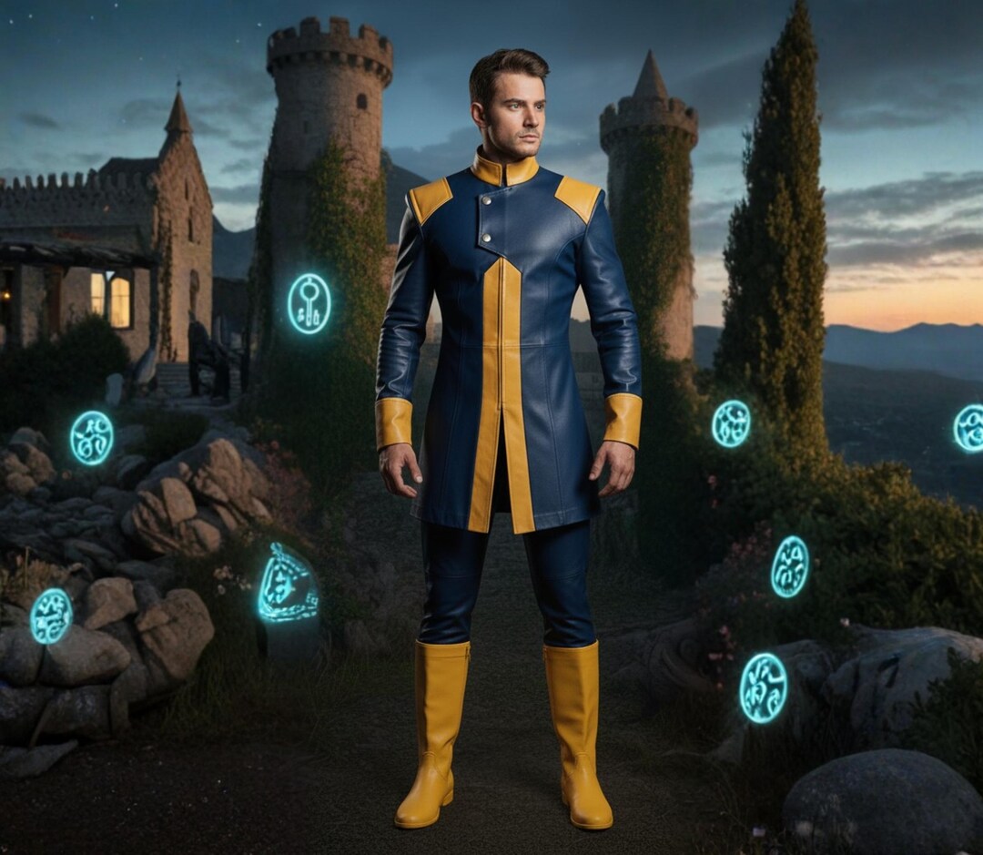 Fantasy Hero Blue & Yellow Leather Costume for Men – Genuine Leather ...