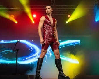 Genuine Leather Burgundy Vest and Shorts Set: Gothic Festival Outfit