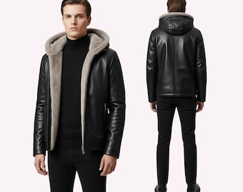 Giacca con cappuccio in vera pelle da uomo / Cappotto invernale nero con fodera in pelliccia