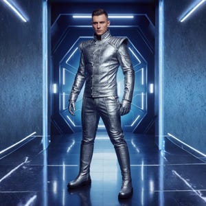 May include: A person wearing a silver futuristic outfit, including a jacket, pants, gloves, and boots. The outfit has a metallic sheen and is set against a blue-lit, geometric background. The jacket has shoulder accents and a button-up front.